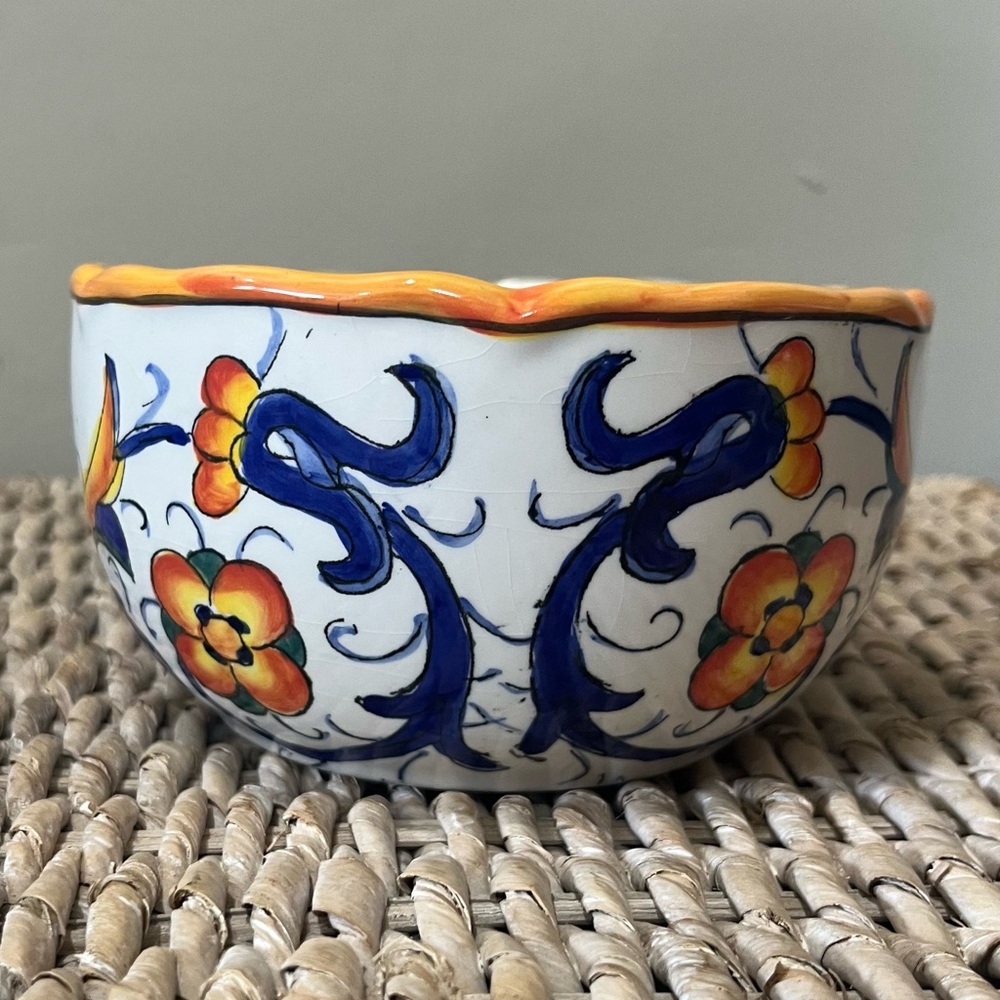 Italian made in China bowl 6” Yellow Blue White Old World Style Floral Scalloped